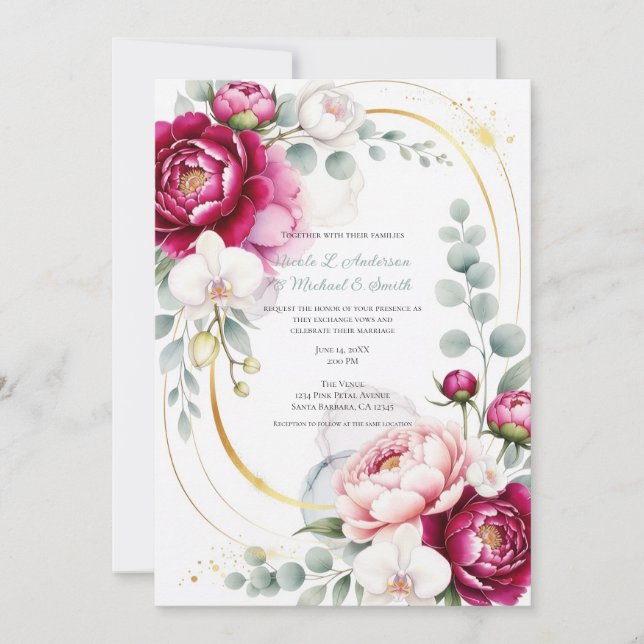 Gold Halo Garden Peonies & Orchids Floral Wedding  Invitation (Front)