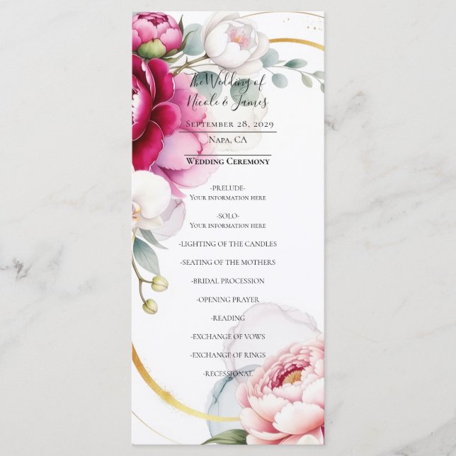Gold Halo Garden Peonies & Orchids Wedding Program (Front)