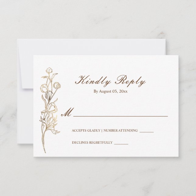 Gold Hand Drawn Delicate Flowers RSVP Card (Front)