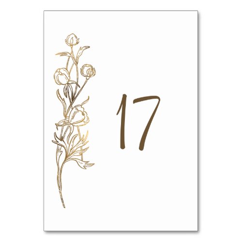 Gold Hand Drawn Delicate Flowers Wedding Table Number