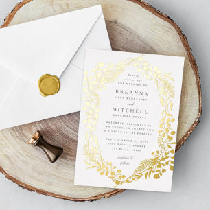 Gold Hand-drawn Fern Eucalyptus Wedding Foil Invitation