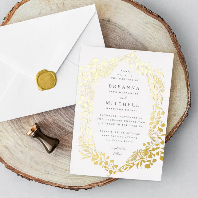 Gold Hand-drawn Fern Eucalyptus Wedding Foil Invitation | Zazzle