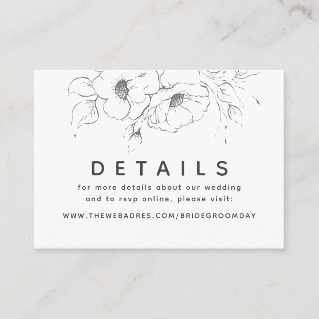 Gold Hand Drawn Flowers Wedding Details Enclosure Card (Front)