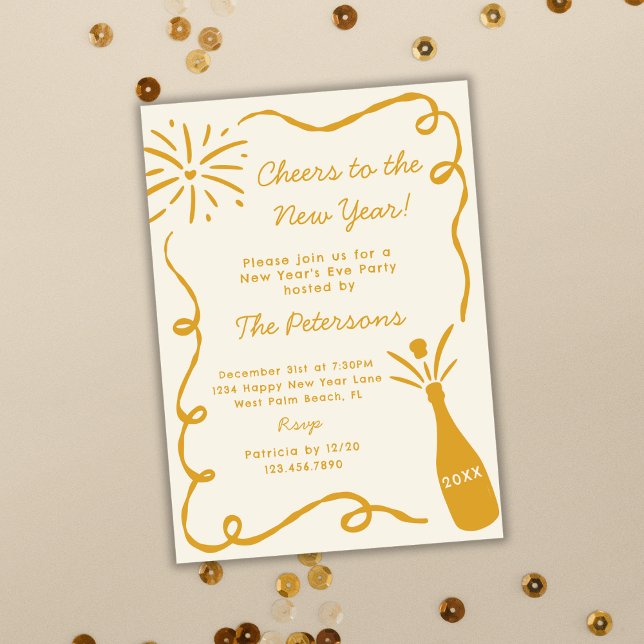 Gold Hand Drawn Popping Champagne New Years Eve Invitation (Creator Uploaded)