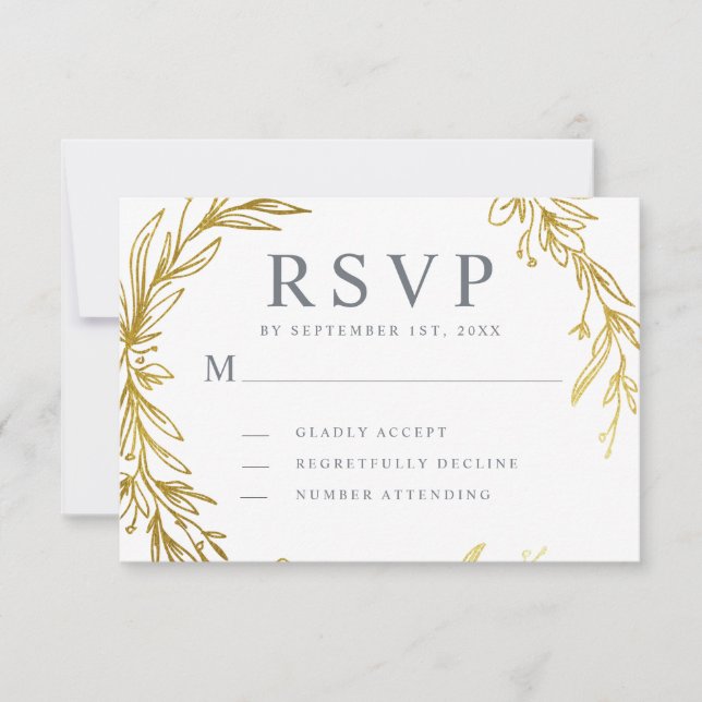 Gold Hand-drawn Wreath Wedding RSVP Card (Front)
