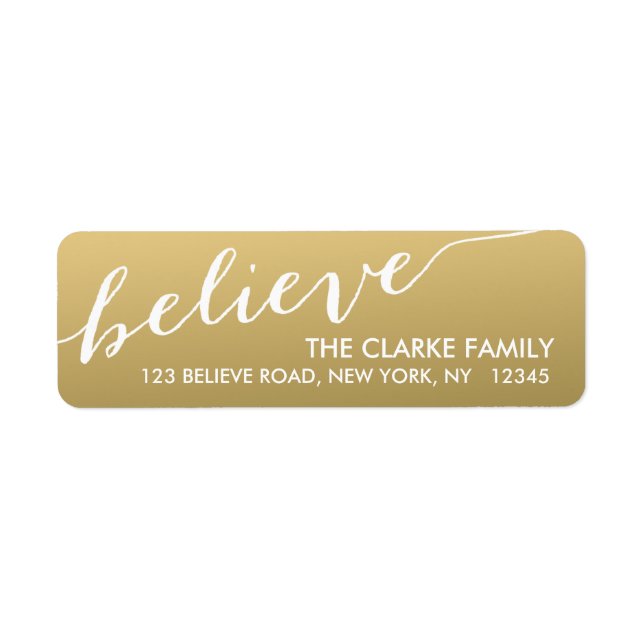 Gold Hand Lettered Believe Holiday Label (Front)