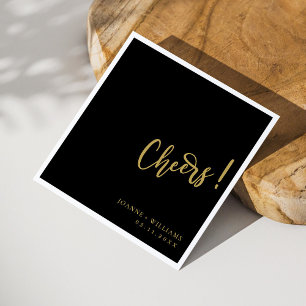 Gold Hand-Lettered Cheers: Black Wedding Napkins