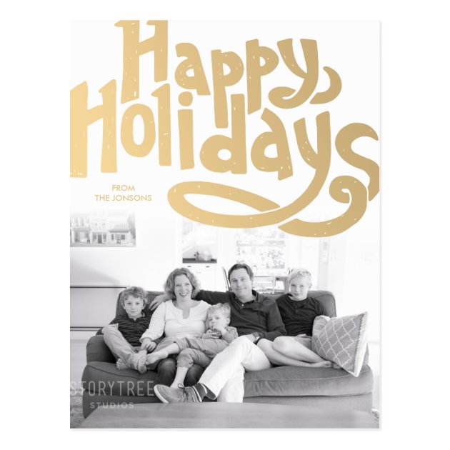 Gold Hand Lettered Happy Holidays Photo Postcard