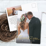 Gold Hand Lettered Script Photos Wedding Thank You Postcard<br><div class="desc">Elegant and simple wedding thank you template postcard featuring hand lettered typography script text with a heart between the words in faux gold print. Add your favorite photo full bleed in the front and another photo in the back with default message on the back that is editable.</div>