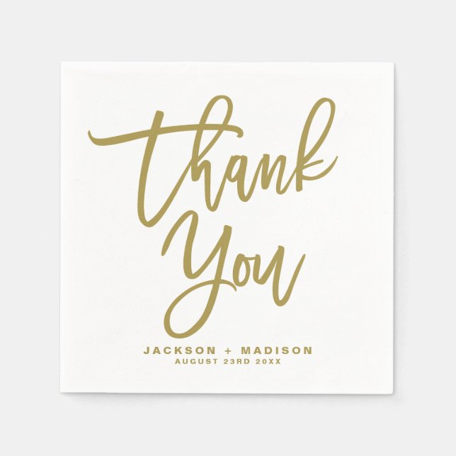 Gold Hand Lettered Script Thank You Wedding Napkins (Front)