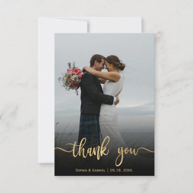 Gold Hand Lettered Script Wedding Photo Thank You Card (Front)