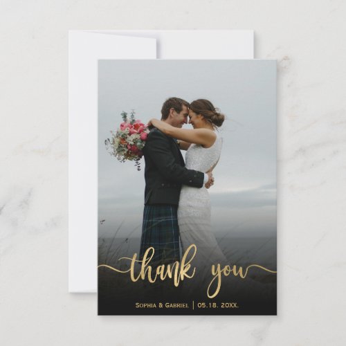 Gold Hand Lettered Script Wedding Photo Thank You Card