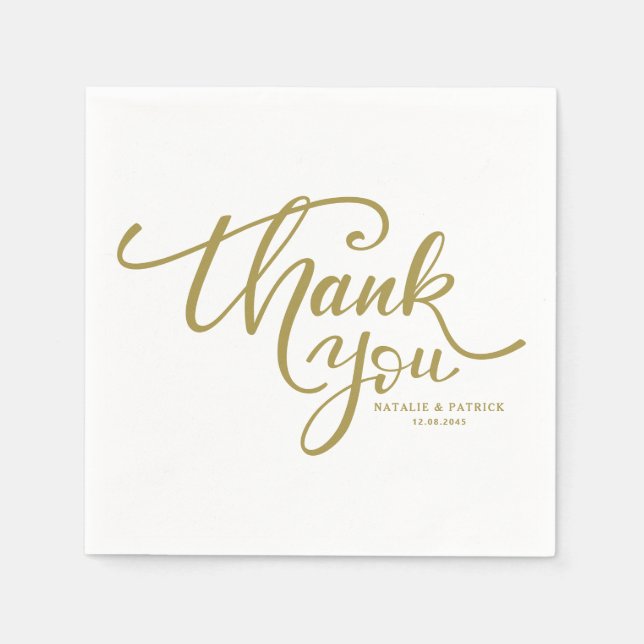 Gold Hand Lettered Wedding Thank You Paper Napkins (Front)