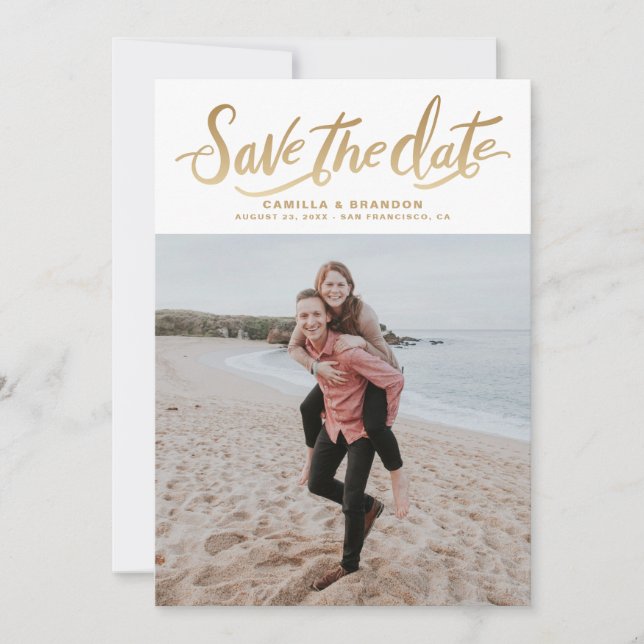 Gold Hand Lettering Vertical Photo Save the Date Announcement (Front)