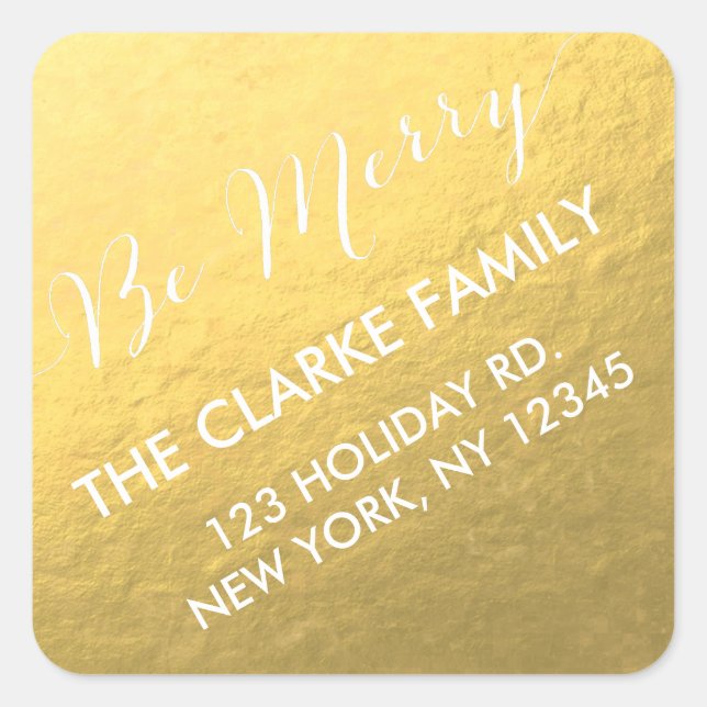 Gold Handwriting Be Merry Holiday Address Sticker (Front)