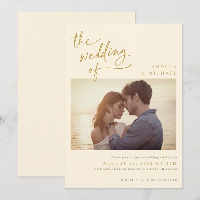 Gold Handwriting Cream Ivory Modern Photo Wedding Invitation (Front/Back)