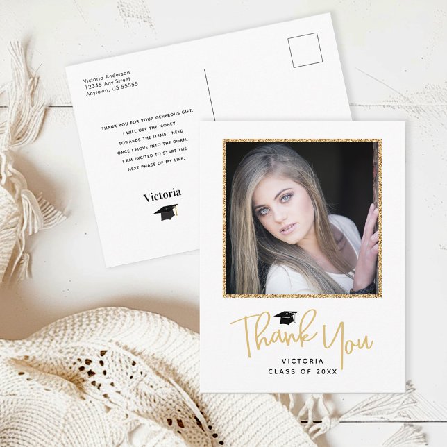 Gold Handwriting Photo Graduation Thank You Postcard (Creator Uploaded)