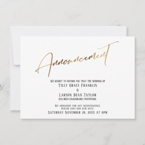 Gold Handwriting Postponed Wedding Announcement