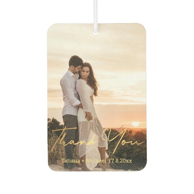 gold handwriting wedding 2 photos thank you air freshener (Front)
