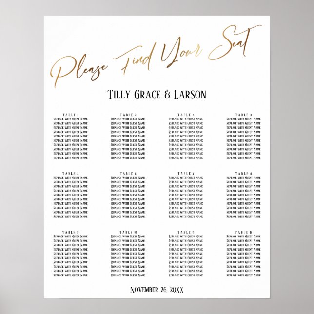 Gold Handwriting Wedding Reception Seating Chart (Front)