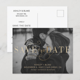 Gold Handwritten Calligraphy Photo Save the Date Announcement Postcard