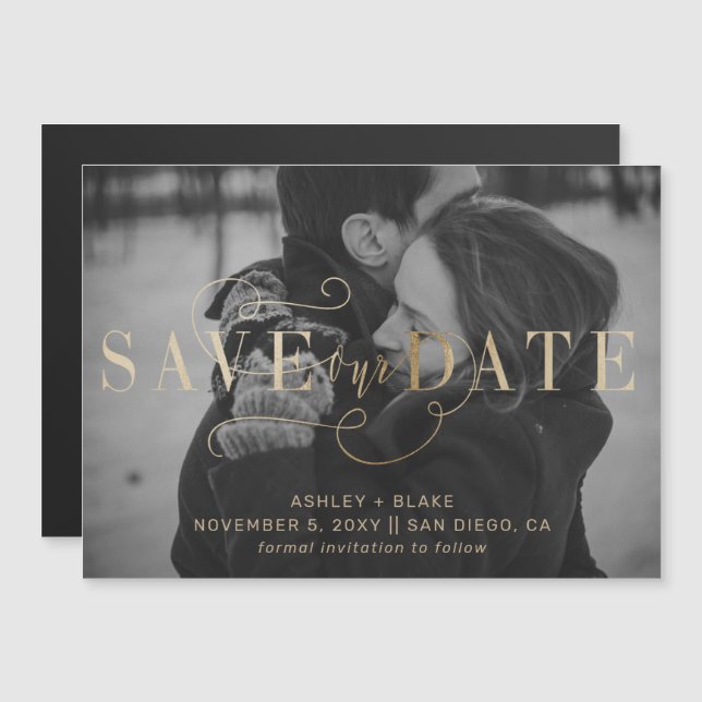 Gold Handwritten Calligraphy Photo Save the Date Magnetic Invitation (Front/Back)
