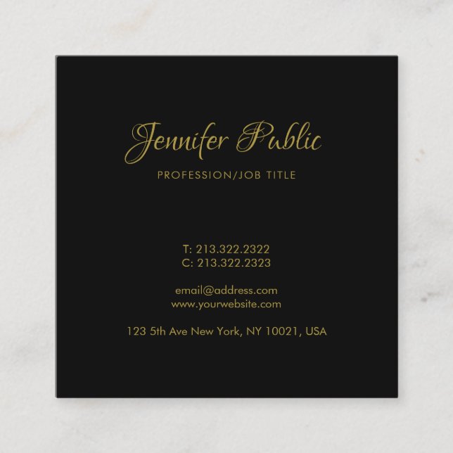 Gold Handwritten Script Elegant Black Professional Square Business Card (Front)