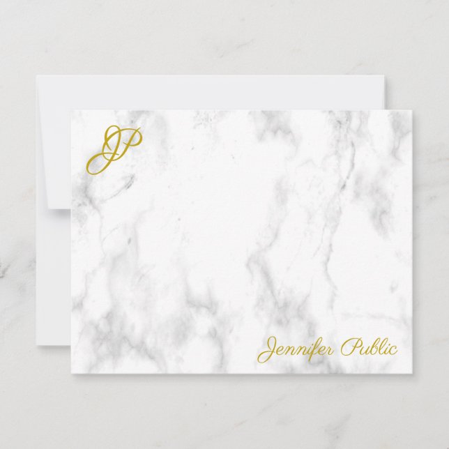 Gold Handwritten Script Monogram Name Text Marble Note Card (Front)