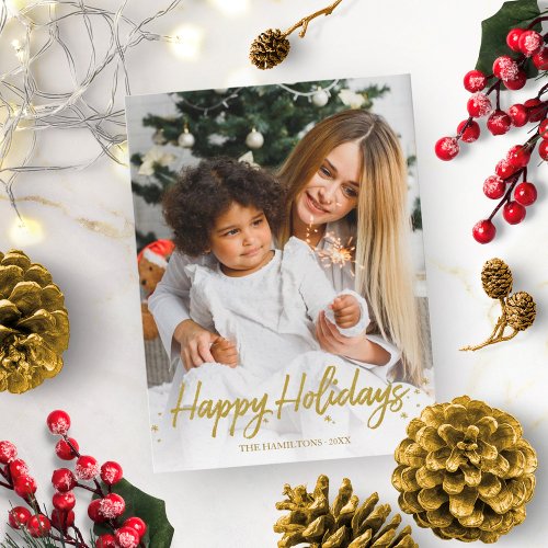 Gold Handwritten Unique Photo Happy Holidays Postcard