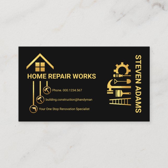 Gold Handyman Tools Button Rooftop Business Card (Front)
