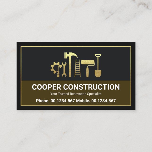 Gold Handyman Tools Letter C Logo, Construction Business Card (Front)