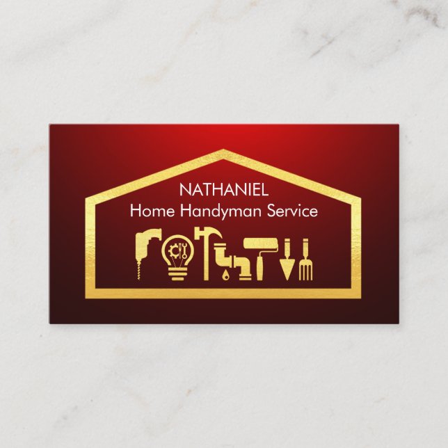 Gold Handyman Tools On Building Frame Business Card (Front)