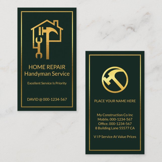 Gold Handyman Tools On Green Gold Frame Business Card (Front/Back)