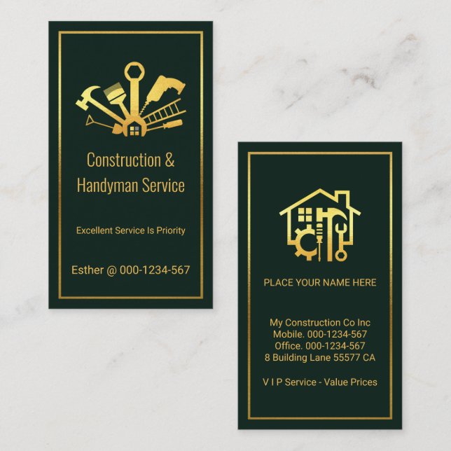 Gold Handyman Tools On Green Gold Frame Business Card (Front/Back)