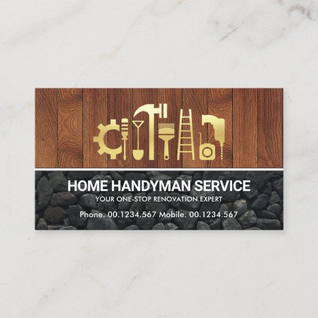 Gold Handyman Tools On Timber Stone Business Card (Front)