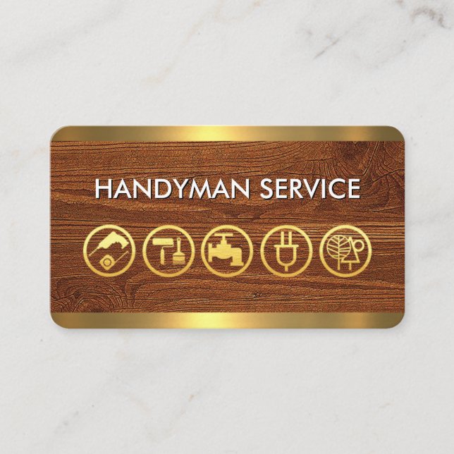 Gold Handyman Tools On Timber Wood Business Card (Front)