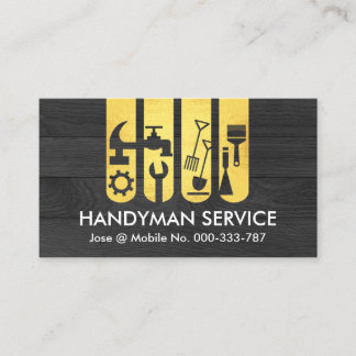 Gold Handyman Tools Tab On Black Wood Business Card