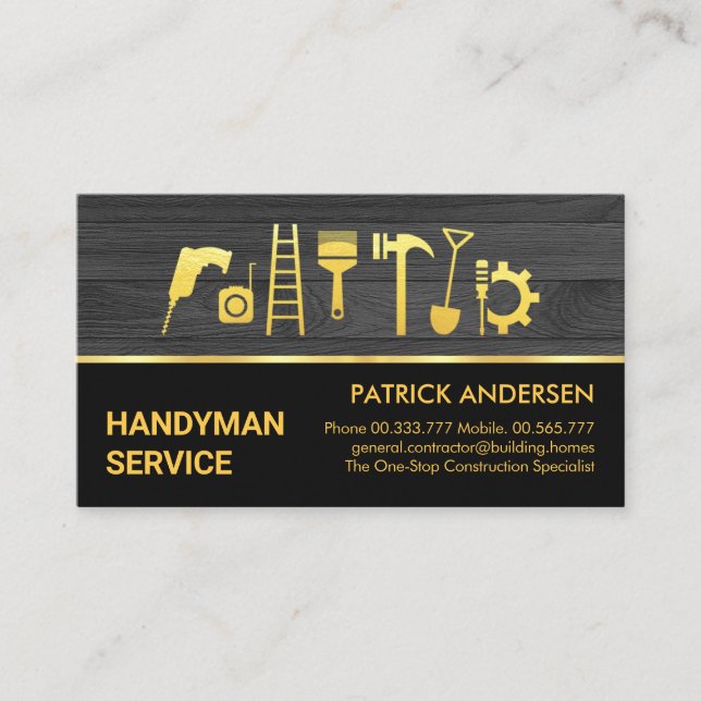 Gold Handyman Tools Wood Panel Business Card (Front)