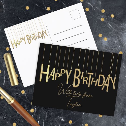 Gold Hanging Lettering On Black Happy Birthday Postcard