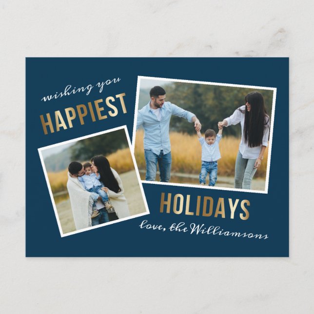 Gold Happiest Holidays Script Christmas Photo Holiday Postcard (Front)
