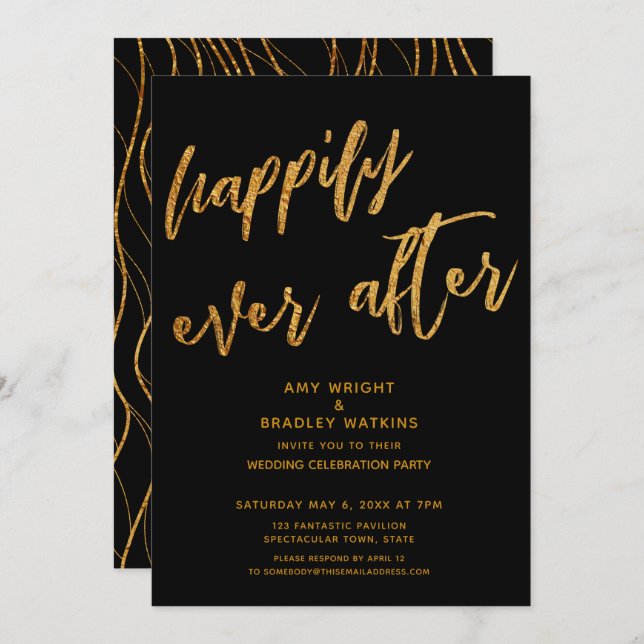 Gold Happily Ever After Black Wedding Reception Invitation (Front/Back)