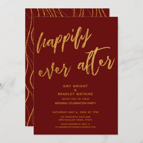 Gold Happily Ever After Burgundy Wedding Reception Invitation