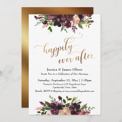 Gold Happily Ever After Dark Red Burgundy Floral Invitation