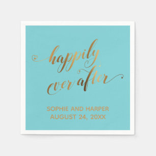 Gold Happily Ever After Hearts Script on Turquoise Napkins