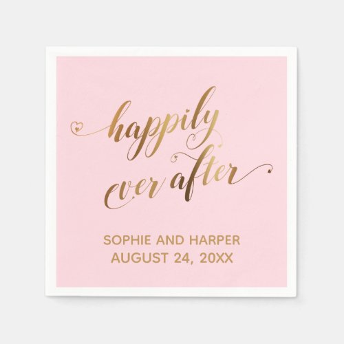 Gold Happily Ever After Hearts Script Pastel Pink Napkins
