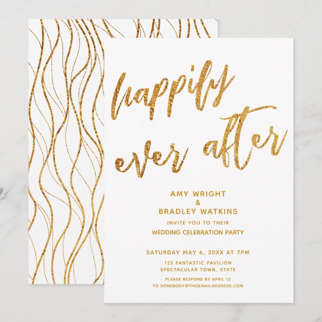 Gold Happily Ever After White Wedding Reception Invitation (Front/Back)