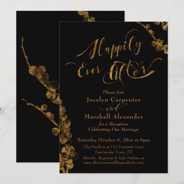 Gold Happily Ever After with Botanicals on Black Invitation (Front/Back)
