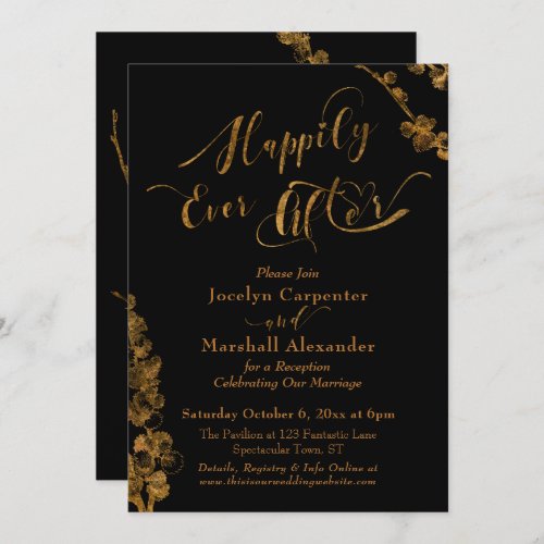 Gold Happily Ever After with Botanicals on Black Invitation