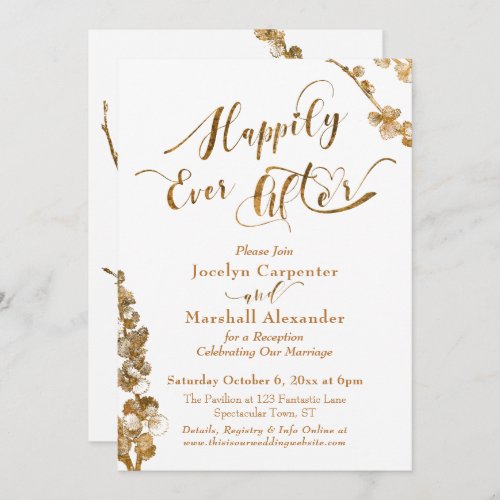 Gold Happily Ever After with Botanicals on White Invitation