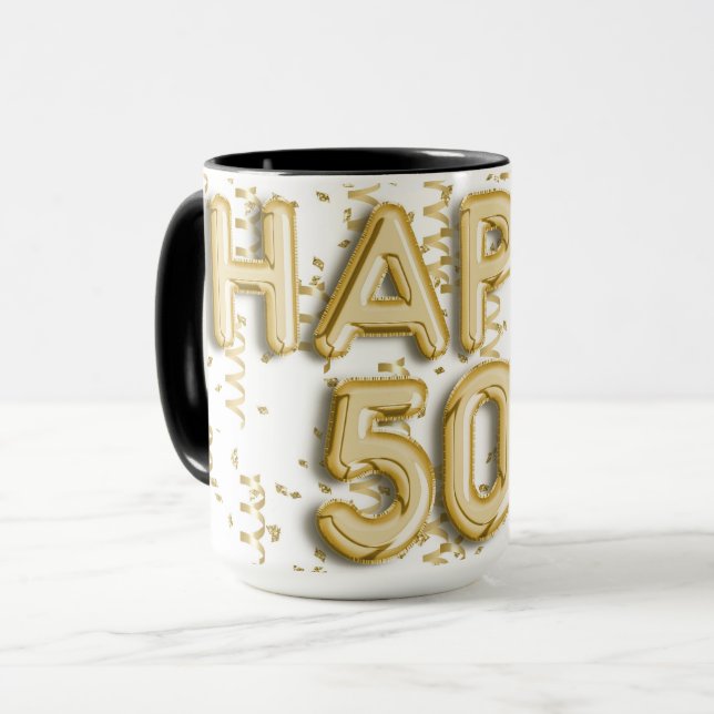 Gold Happy 50th Birthday Mug (Front Left)